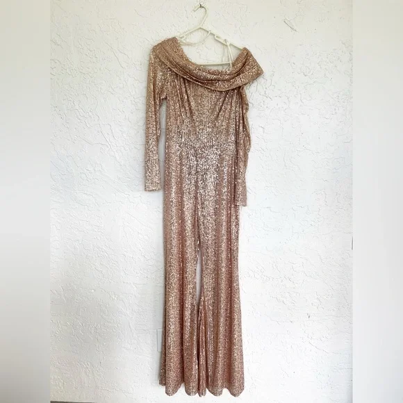 Mac Duggal Gold Off The Shoulder Sequin Flare Leg Jumpsuit Pantsuit Size 2 - Picture 2 of 6
